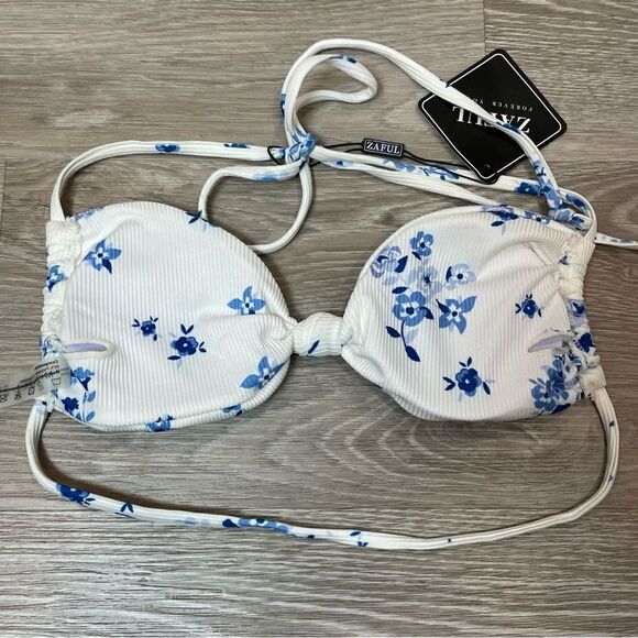 Zaful Blue and White Floral Bikini Ribbed Top Swimsuit - Picture 3 of 6